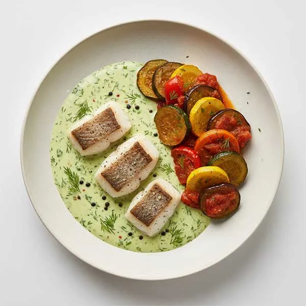 Creamy Dill Pepper Fish And Ratatouille Vegetables
